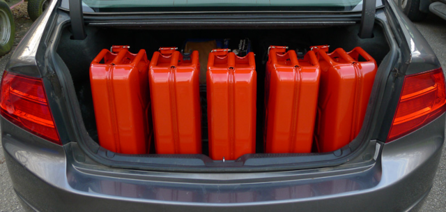 gas cans in trunk of car