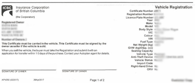 Image of typical ICBC registration papers