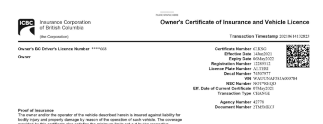 image of the top of ICBC insurance papers