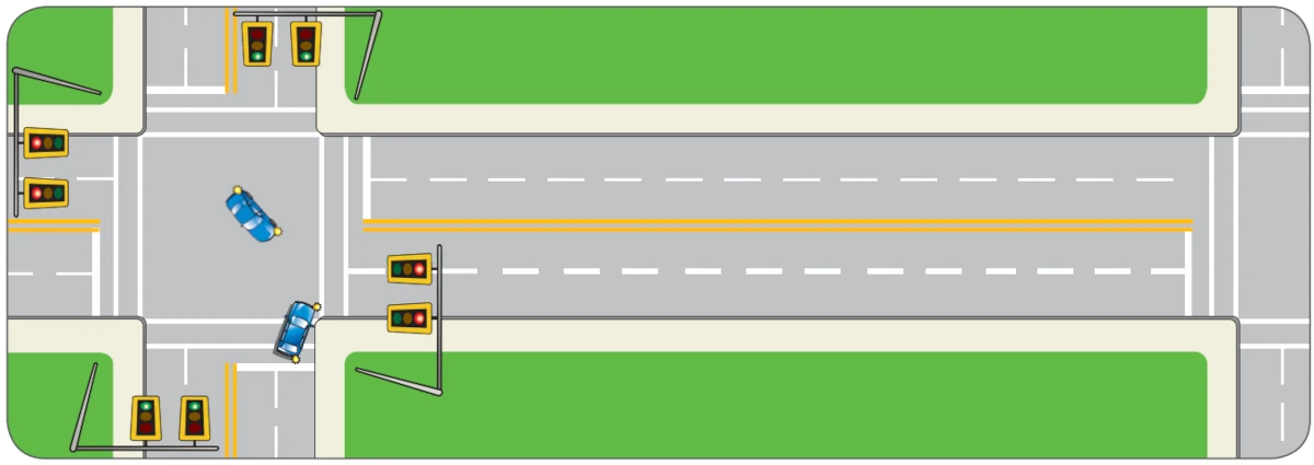 image of two cars facing each other turning in the same direction at an intersection