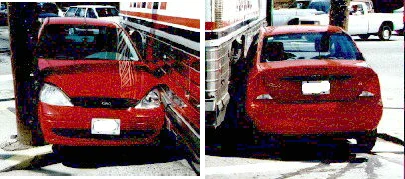 image of car that tried to pass a long vehicle turning right