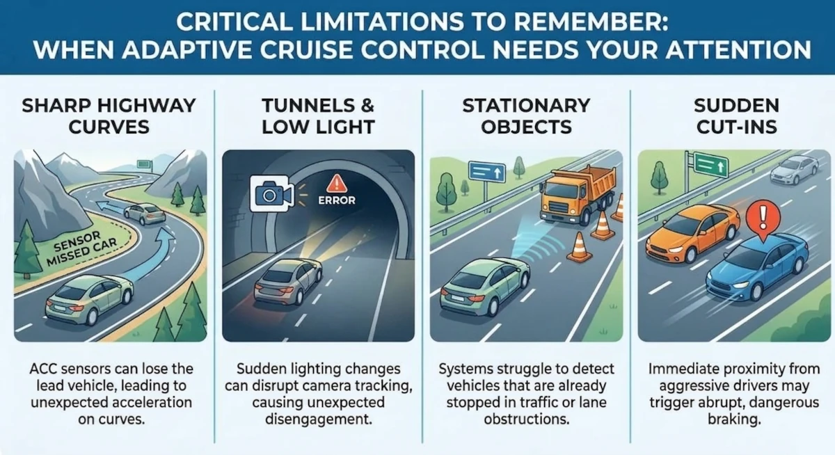 Infographic chart showing four critical limitations of adaptive cruise control: tracking loss on sharp highway curves, tracking disengagement in low-light tunnels, difficulty detecting stationary roadside objects, and abrupt braking from sudden traffic cut-ins.