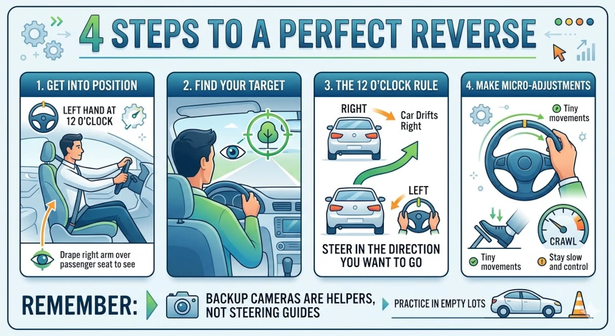 An educational four-step how-to infographic titled '4 Steps to a Perfect Reverse' detailing body position, targeting, the 12 o'clock rule, and micro-adjustments.