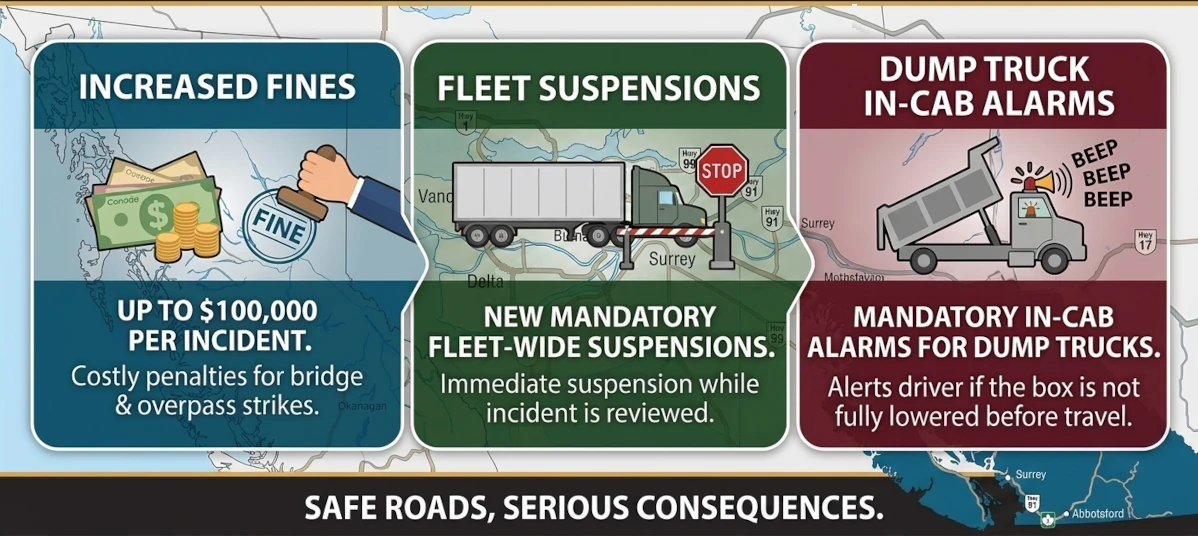 Infographic detailing BC commercial vehicle updates including increased fines, fleet suspensions, and dump truck in-cab alarms to prevent overpass crashes.