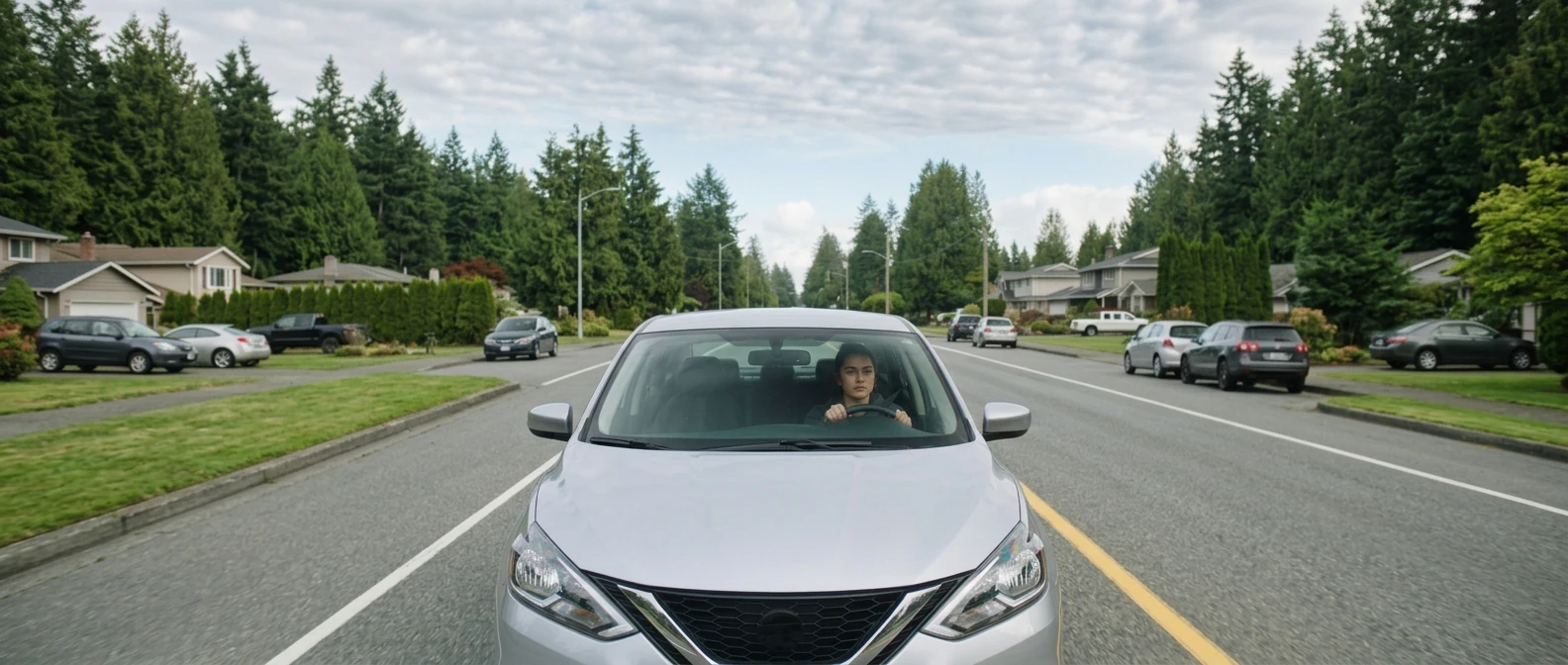 A novice driver behind the wheel of a car on a British Columbia street