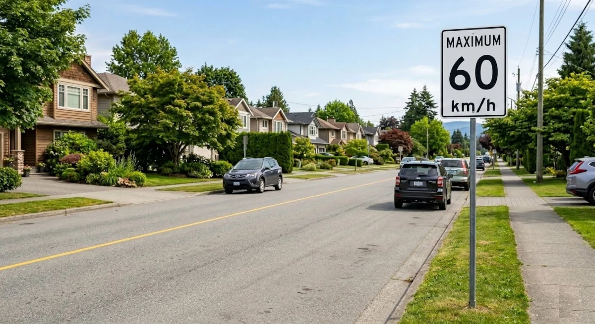 A standard British Columbia regulatory speed sign displaying Maximum 60 km/h on a solid white background, situated on a two-lane municipal residential street with one lane each way.