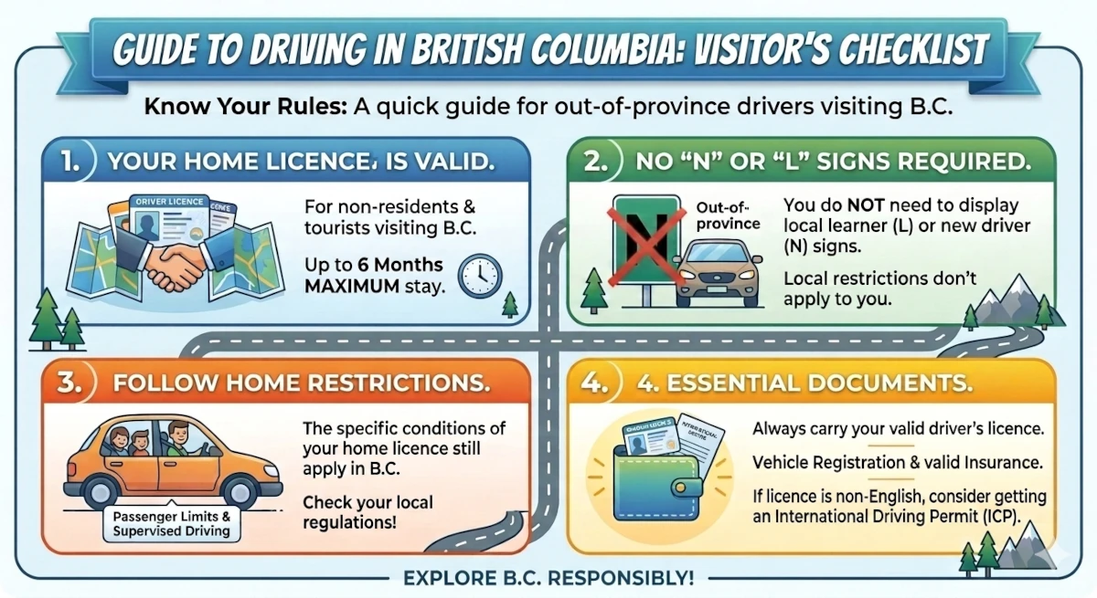 Guide to Driving in British Columbia: Visitor's Checklist Infographic checklist outlining British Columbia driving rules for out-of-province tourists, including the 6-month limit and licence exemptions.