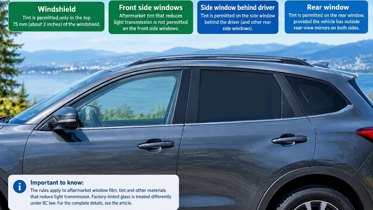 Diagram showing British Columbia's window tinting restrictions