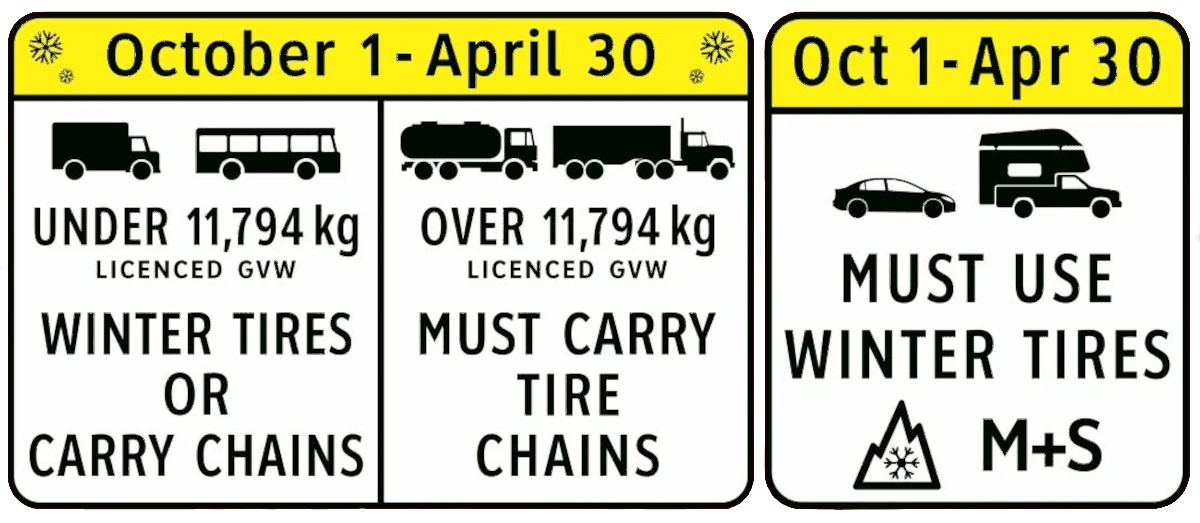 BC winter tire highway signs for passenger and commercial vehicles
