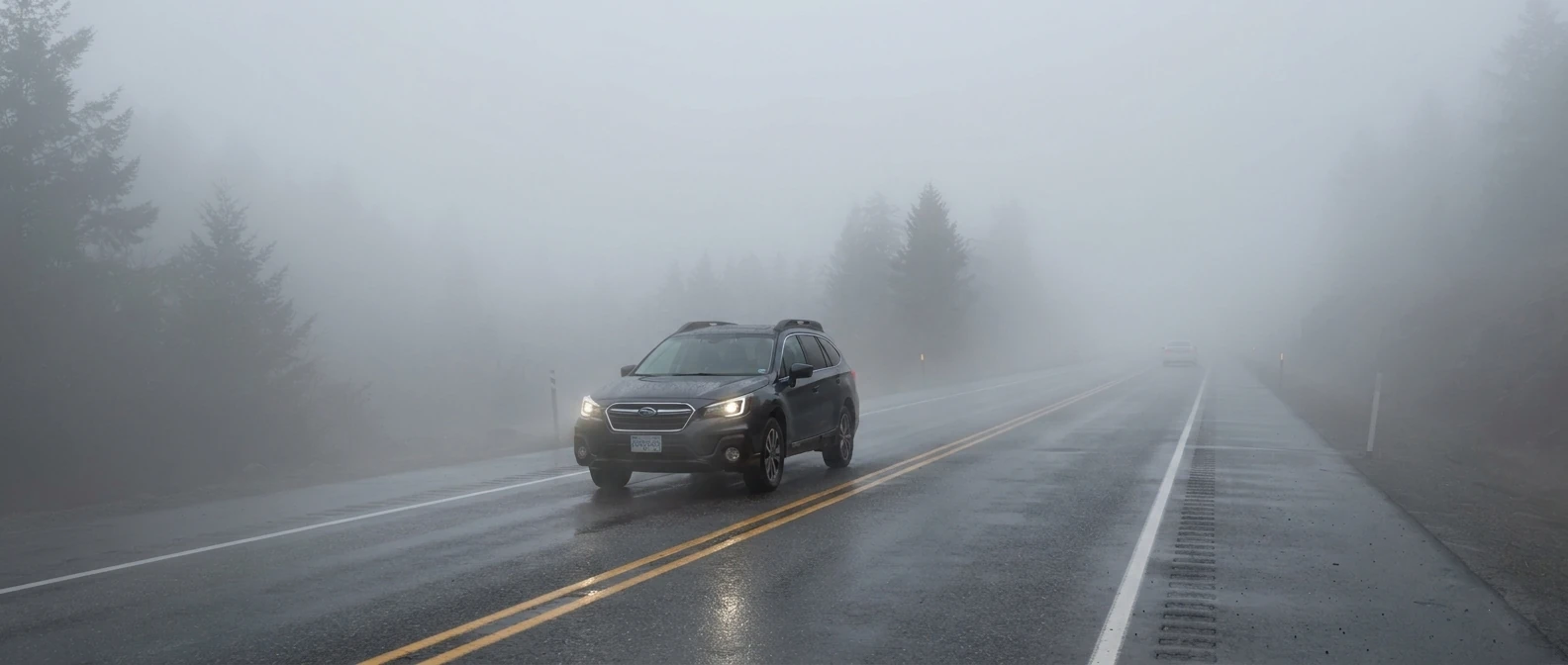 Cars driving through dense morning fog on a British Columbia highway