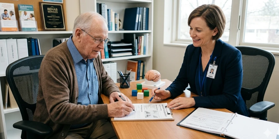 Physician conducting a cognitive assessment for an older driver in British Columbia