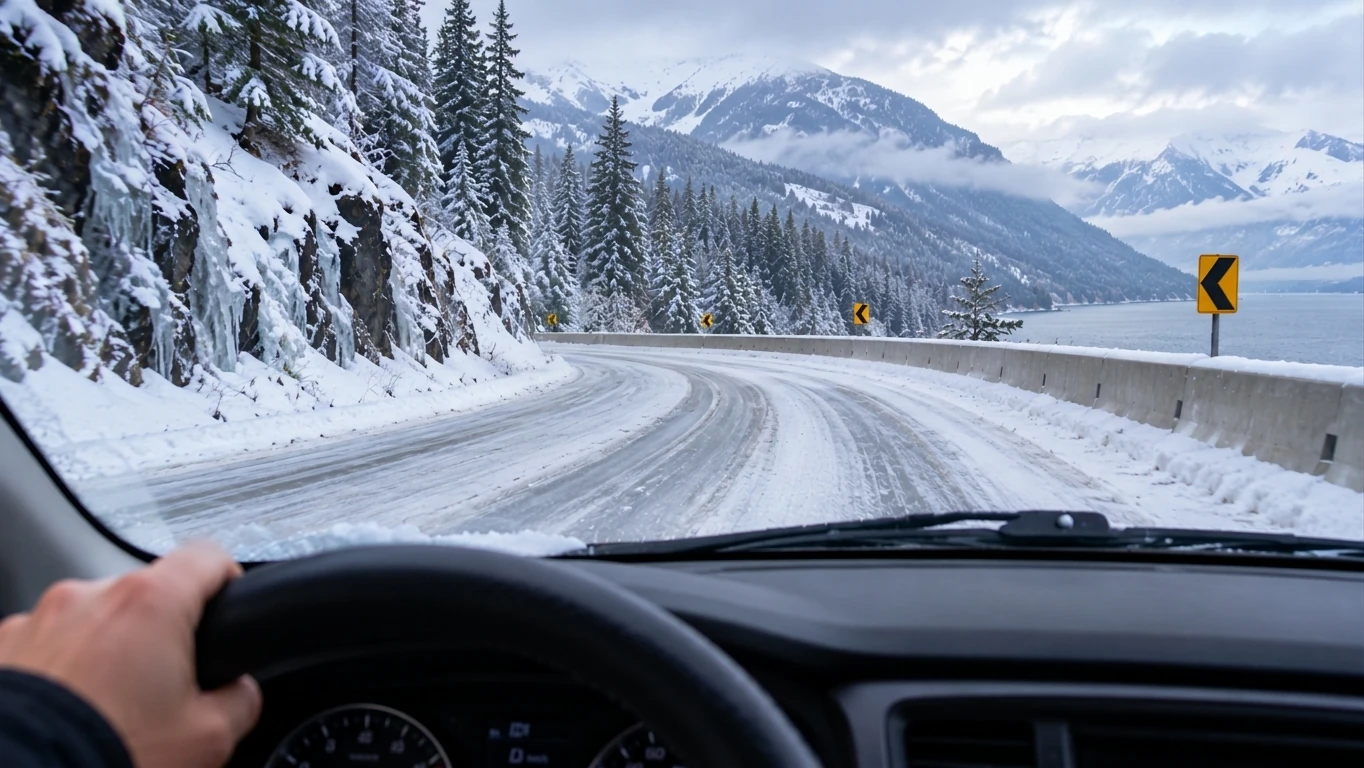 A vehicle approaches a snow-covered curve on a British Columbia highway.
