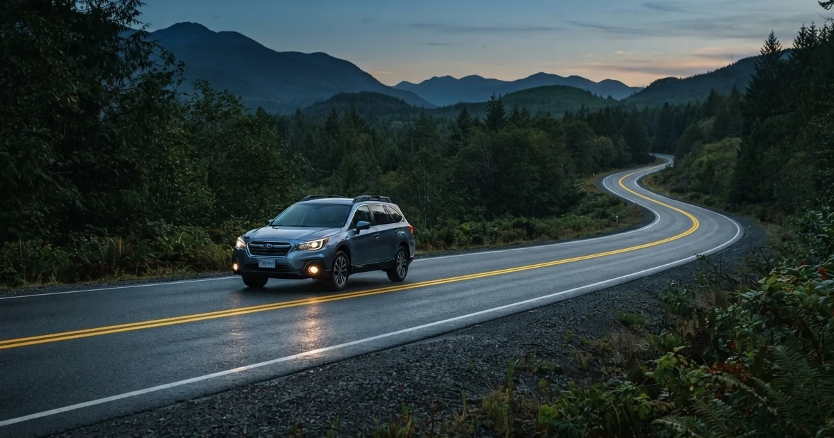 Vehicle travelling on a Canadian highway at dusk