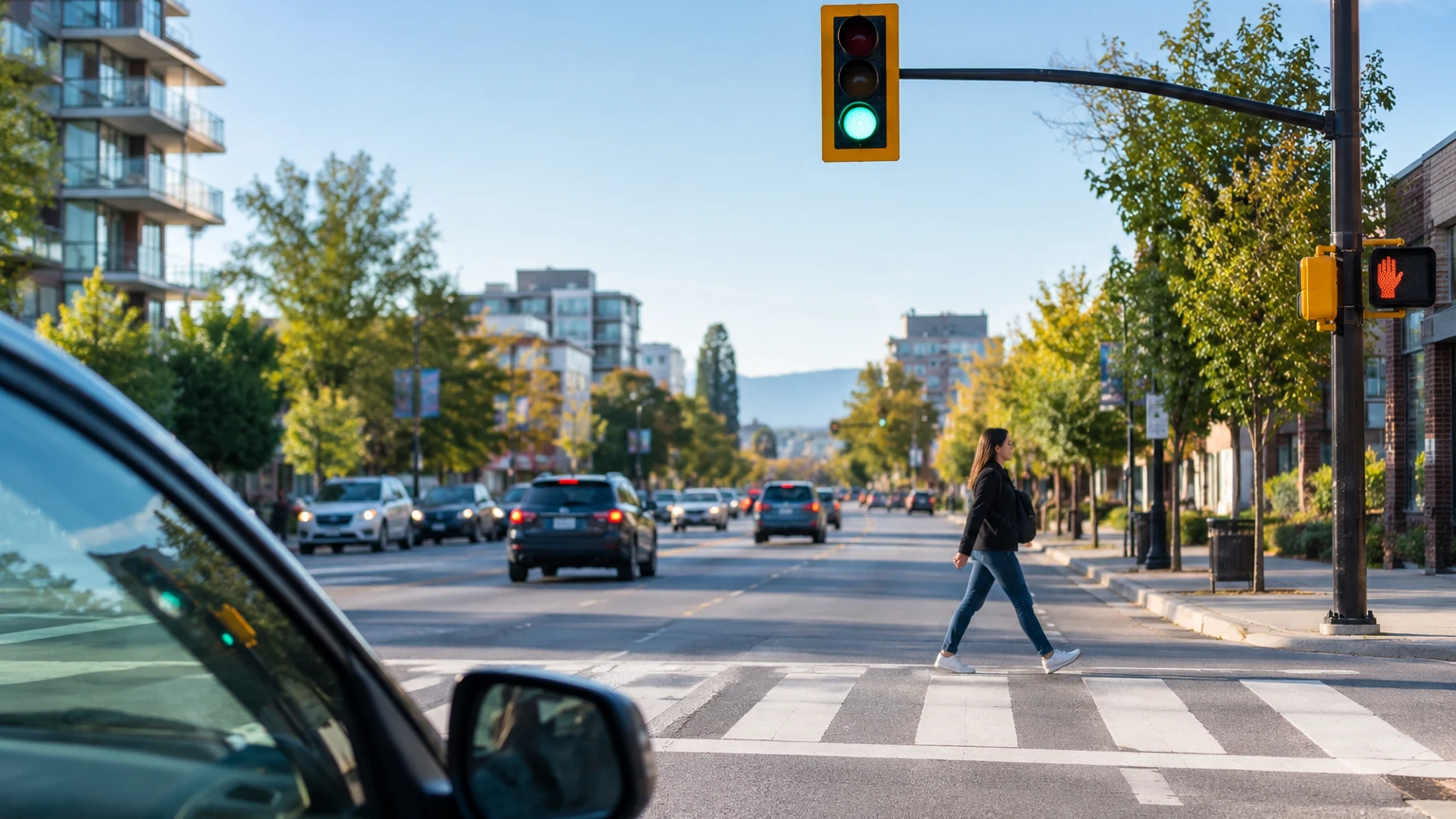 Driver approaching a green traffic light at an intersection while a pedestrian crosses against a red pedestrian signal.