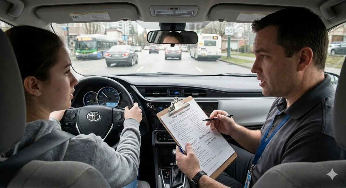 A driving instructor pointing to a road test evaluation form on a clipboard inside a car next to a student driver during a test