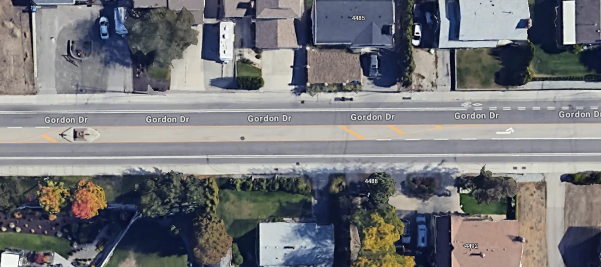 Aerial view of Gordon Drive traffic markings