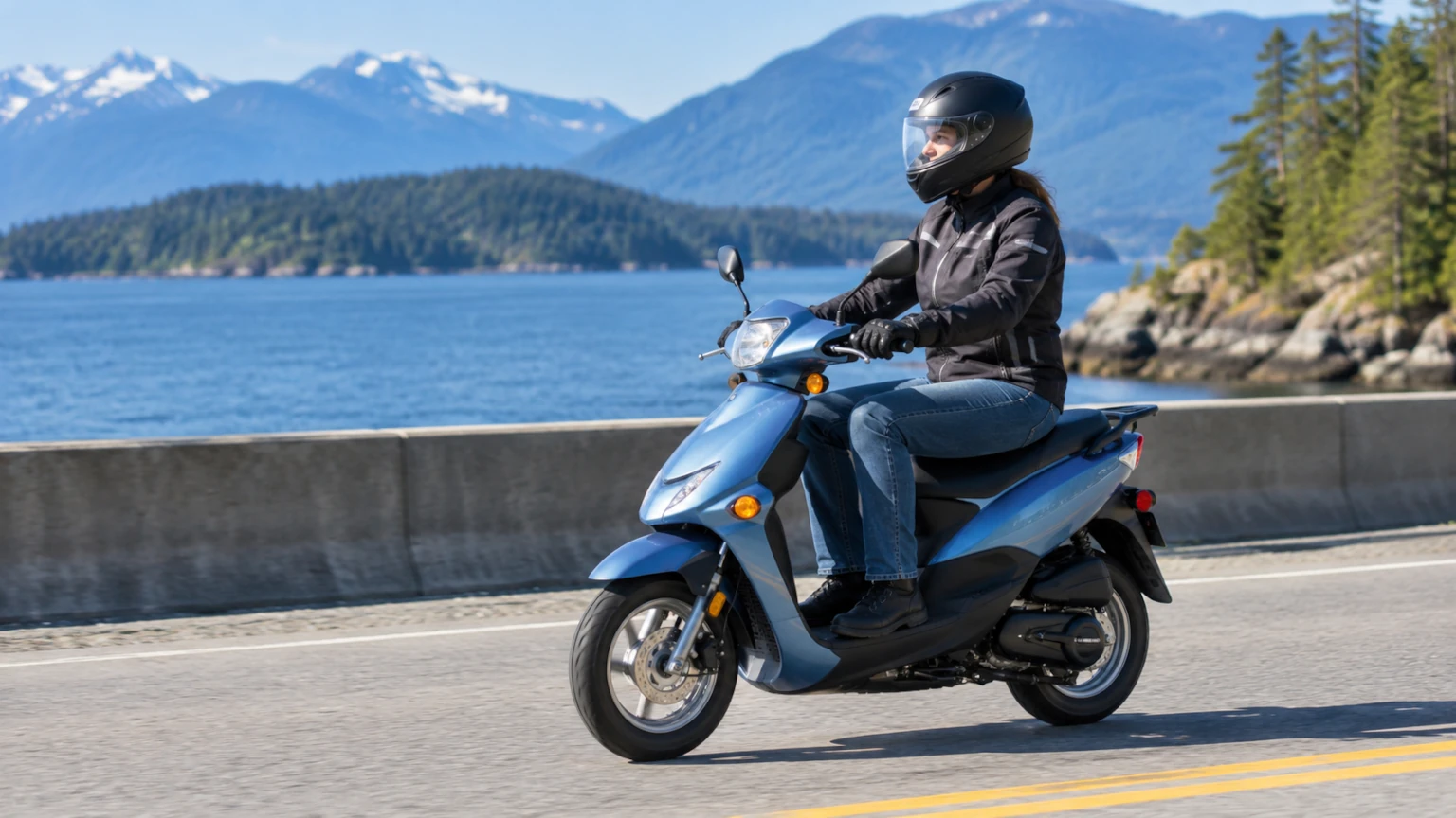 Rider wearing a full-face helmet and protective clothing operating a blue limited-speed scooter on a British Columbia coastal highway.