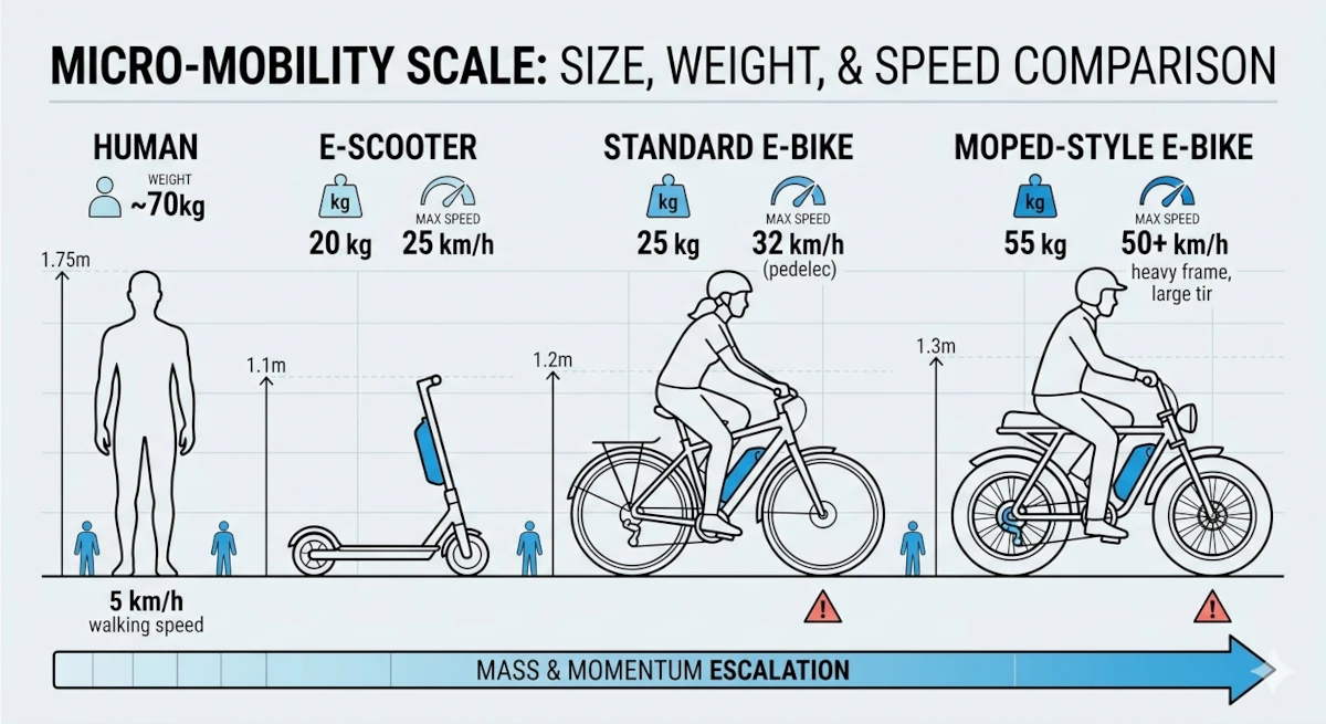 Micro-mobility scale chart showing weight and speed differences between pedestrians at 5 km/h, e-scooters at 25 km/h, standard e-bikes at 32 km/h, and illegal moped-style bikes exceeding 50+ km/h.