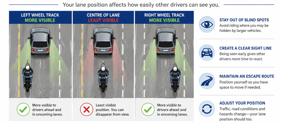 Infographic showing how motorcycle lane position affects visibility to other drivers. Riding in the left or right wheel track is often more visible than riding directly behind another vehicle.