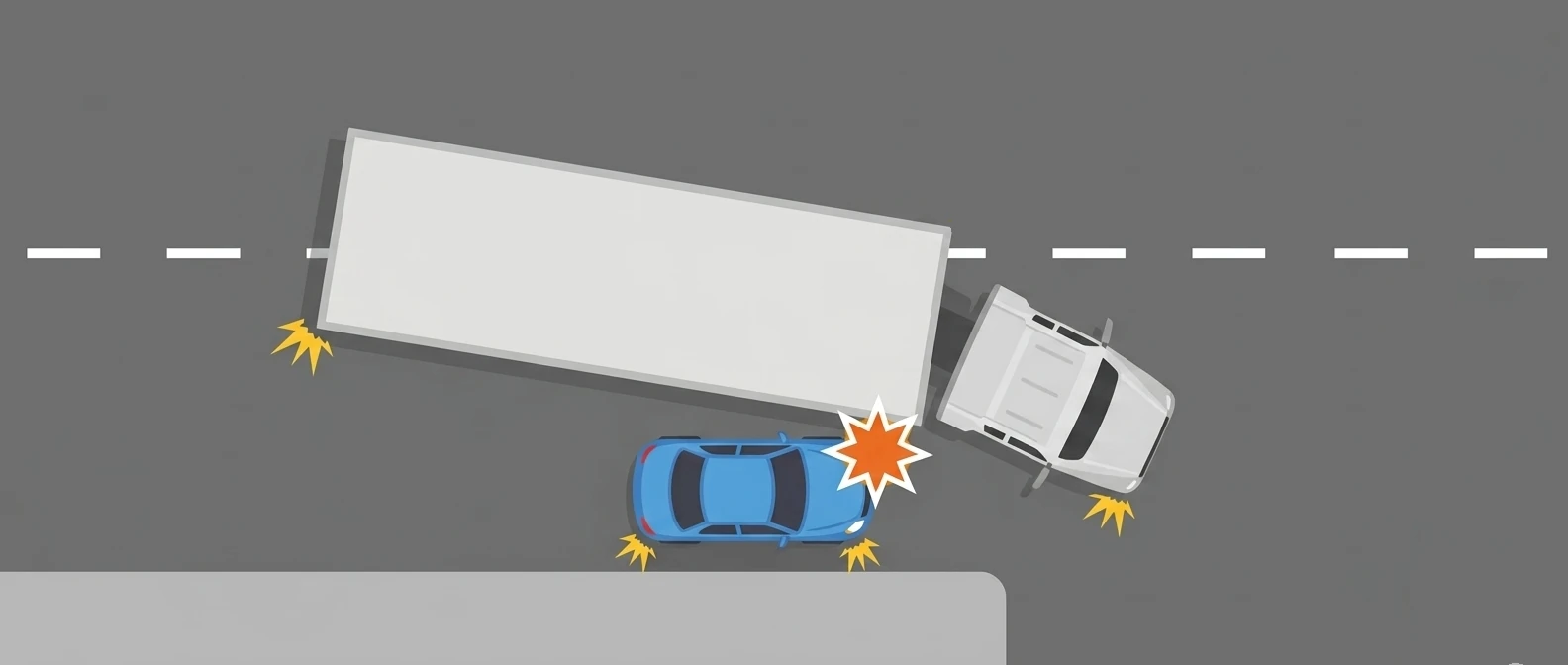 Tractor-trailer moving left within its lane before making a right turn while a passenger car waits behind