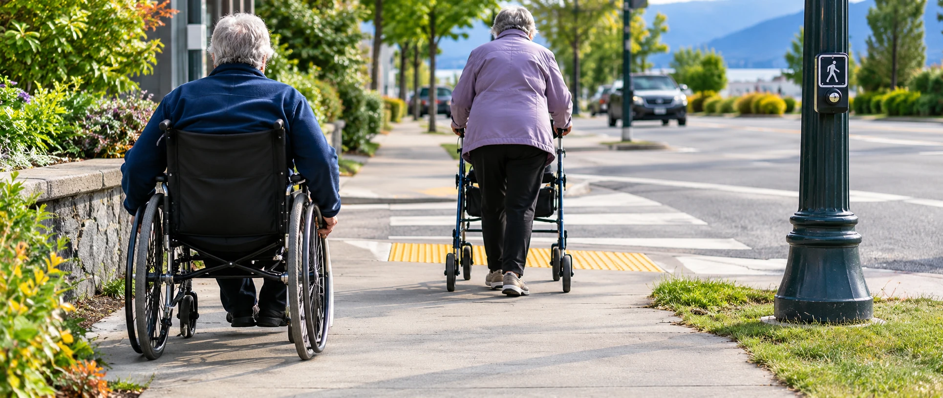 An older adult using a wheelchair and another using a walker approach a pedestrian crossing during a sidewalk accessibility audit.