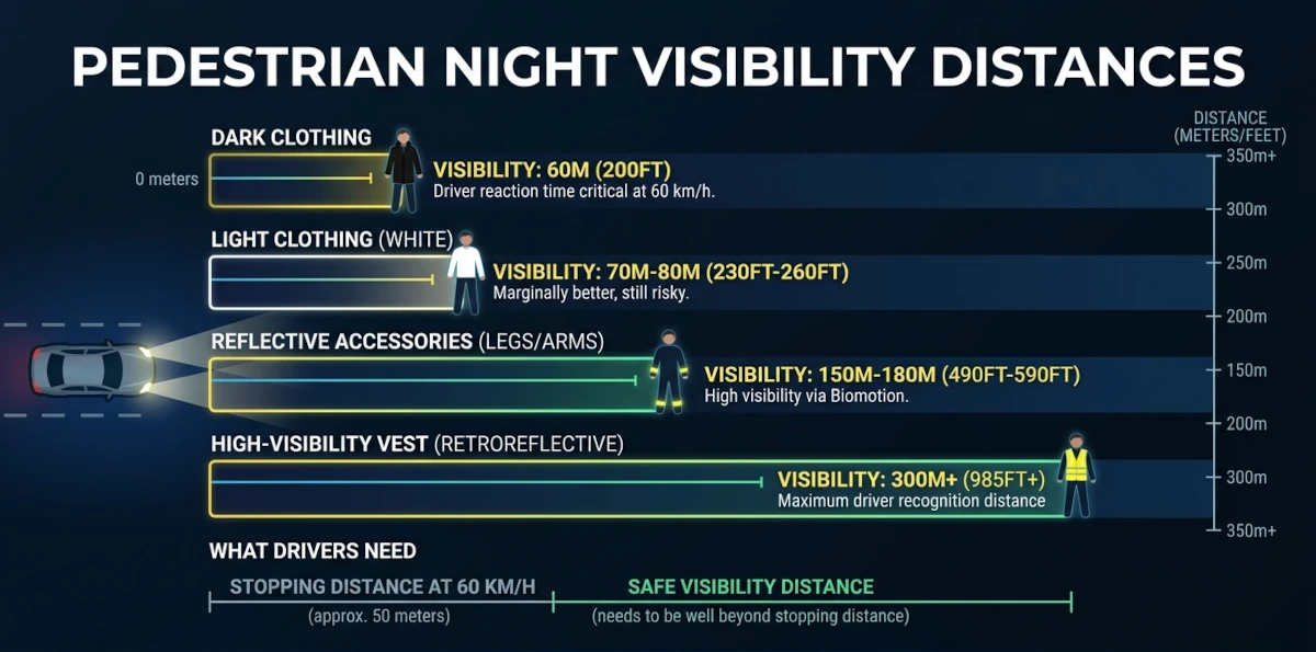 Infographic comparing pedestrian nighttime visibility distances by clothing type against vehicle stopping distance