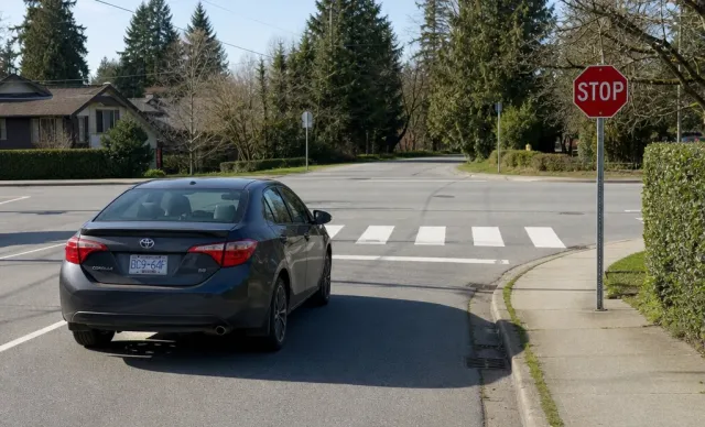 Vehicle stopped behind the stop line at a stop sign before a marked crosswalk