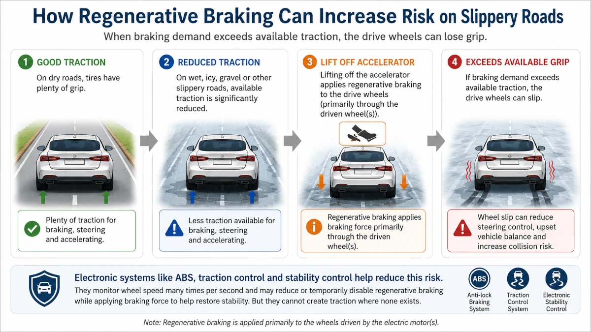 Infographic illustrating how regenerative braking applies braking force primarily through the driven wheels and how wheel slip can occur if braking demand exceeds available traction on slippery roads.