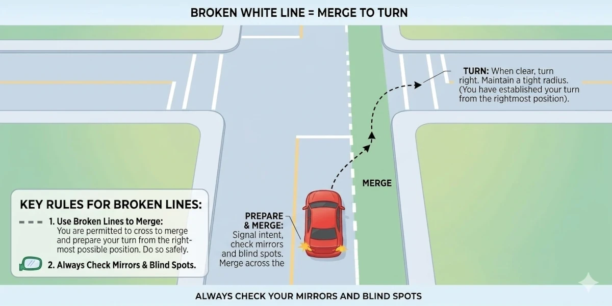 Right turn across a bicycle lane separated by a broken white line.