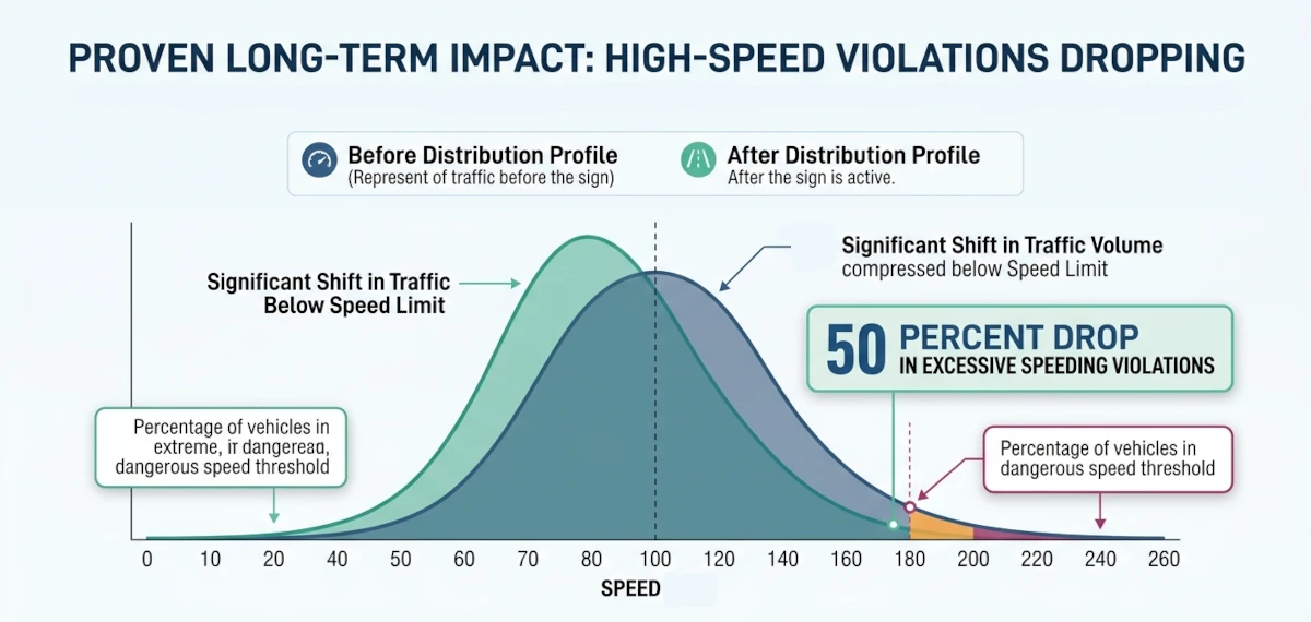 Data visualization graph showing the proven long-term traffic safety impact of a speed display device, highlighting a significant shift in traffic volumes below the posted speed limit and a 50 percent drop in excessive speeding violations