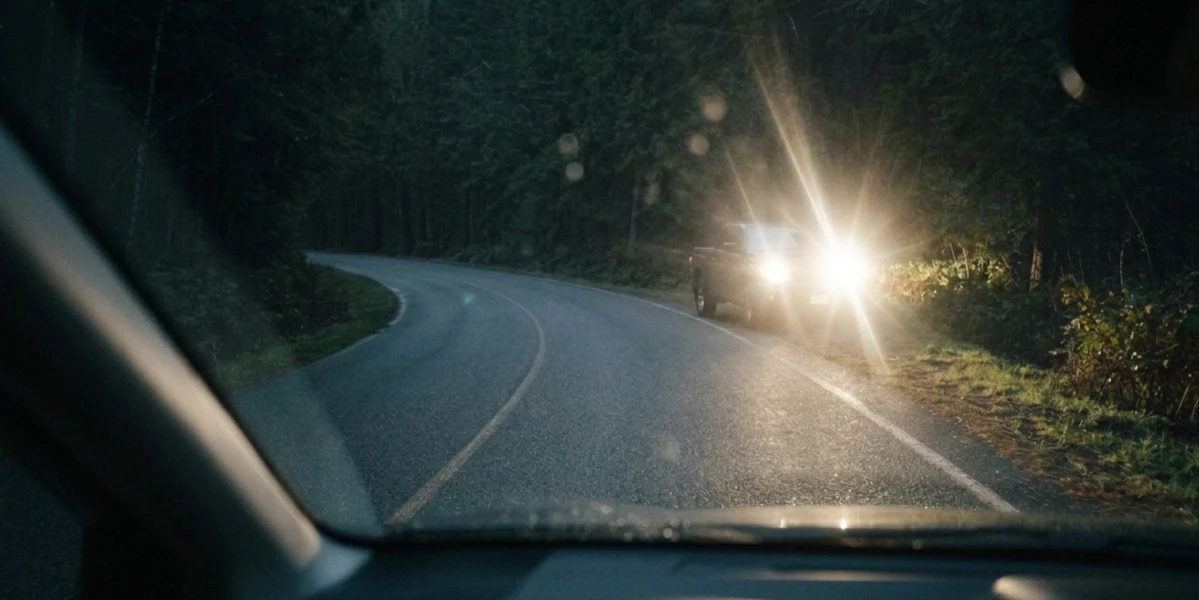 Stopped SUV at a dark highway pullout with high beams shining toward an approaching driver