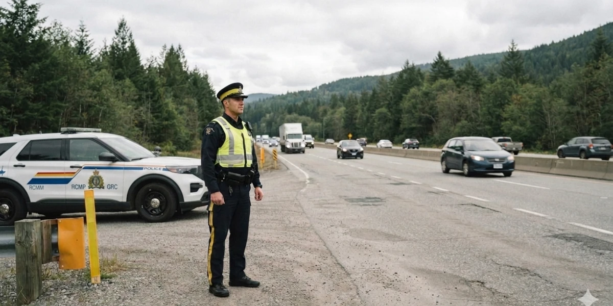 RCMP traffic constable beside a patrol vehicle on a British Columbia highway