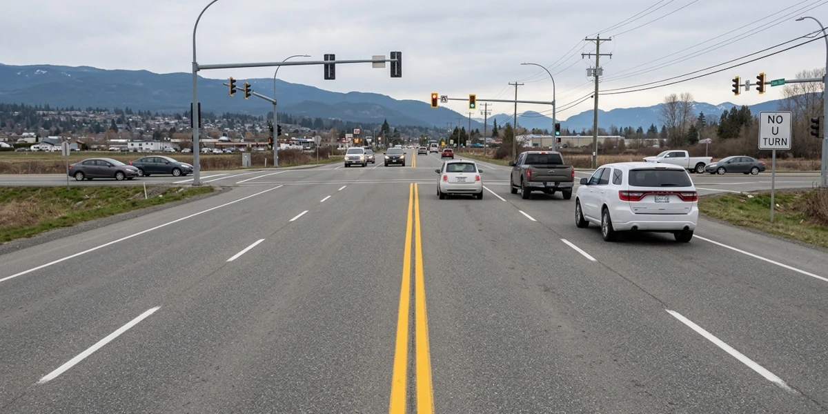 Roadway approaching an intersection with a no U-turn sign