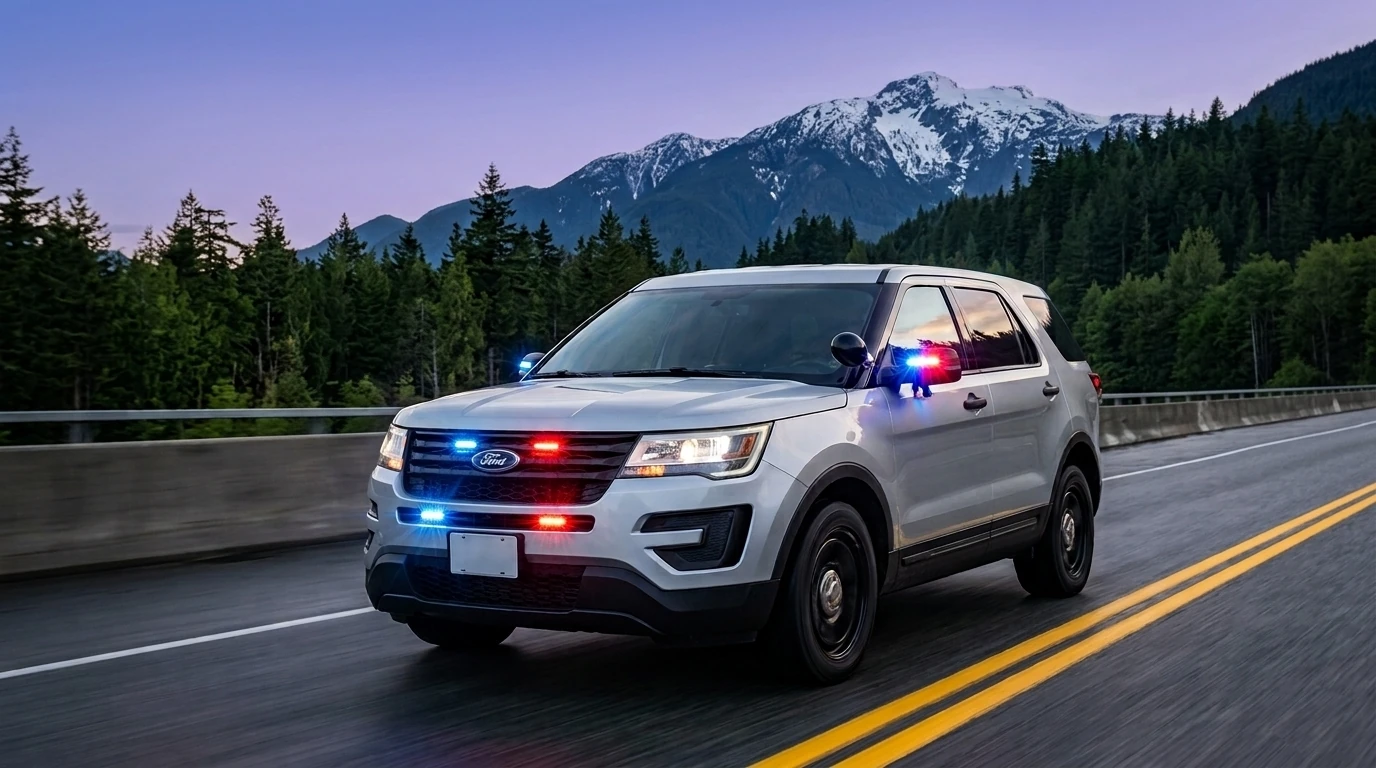 Unmarked police vehicle travelling on a BC highway with emergency lights operating