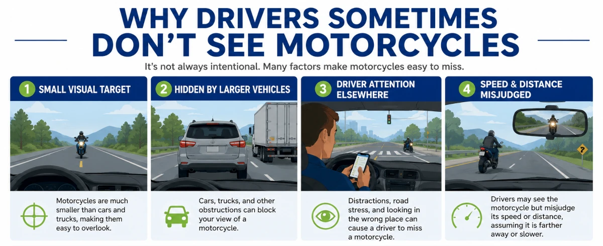 Infographic explaining four common reasons drivers fail to notice motorcycles: small visual target, hidden by larger vehicles, driver attention elsewhere, and misjudged speed and distance.