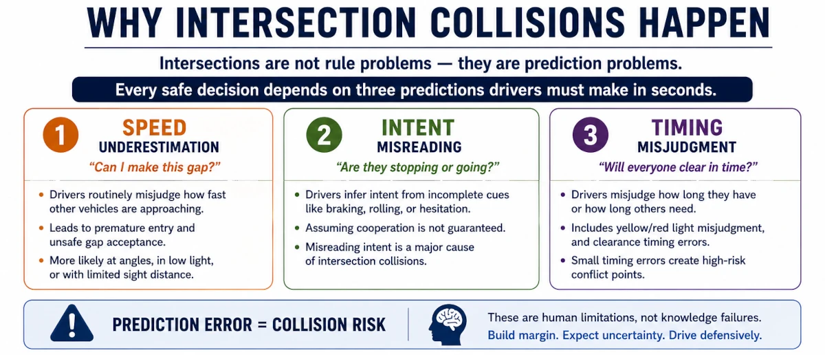 Why intersection collisions happen: Safe intersection decisions depend on accurately judging speed, interpreting other road users' intentions, and choosing the right timing.